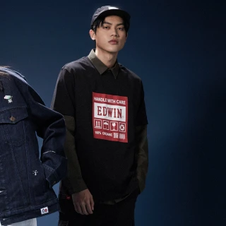 【EDWIN】男女裝 網路獨家↘標籤貼紙LOGO短袖T恤(黑色)
