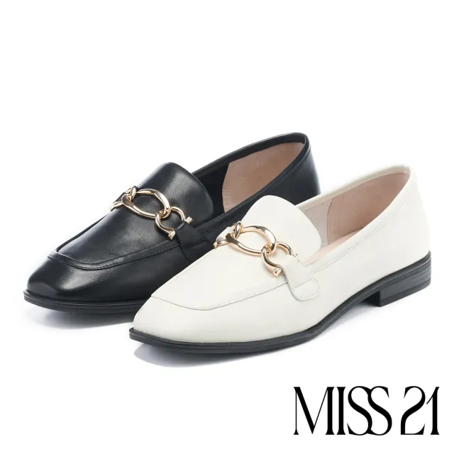 【MISS 21】時髦個性金屬鏈釦牛皮方頭樂福低跟鞋(米)