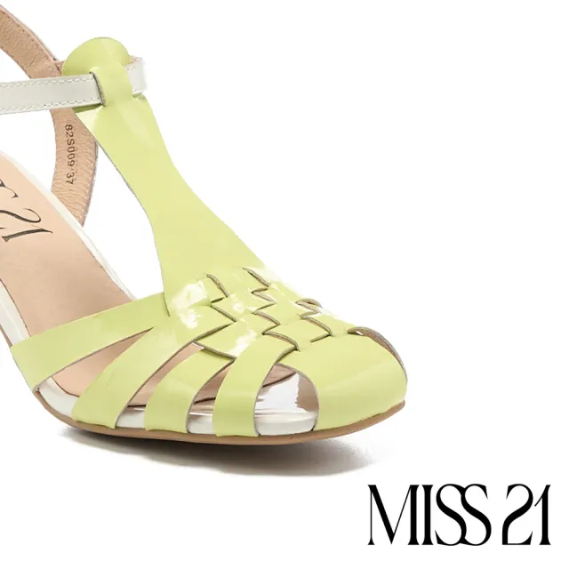 【MISS 21】個性時尚編織繫帶漆皮方頭高跟涼鞋(綠)
