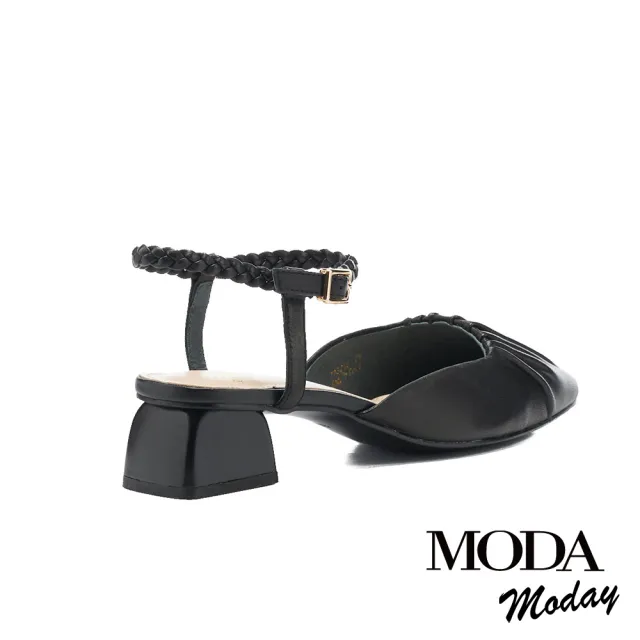 【MODA Moday】柔軟抓皺羊皮踝繫帶方頭高跟鞋(黑)