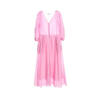 【iROO】粉紫排釦棉感長洋裝