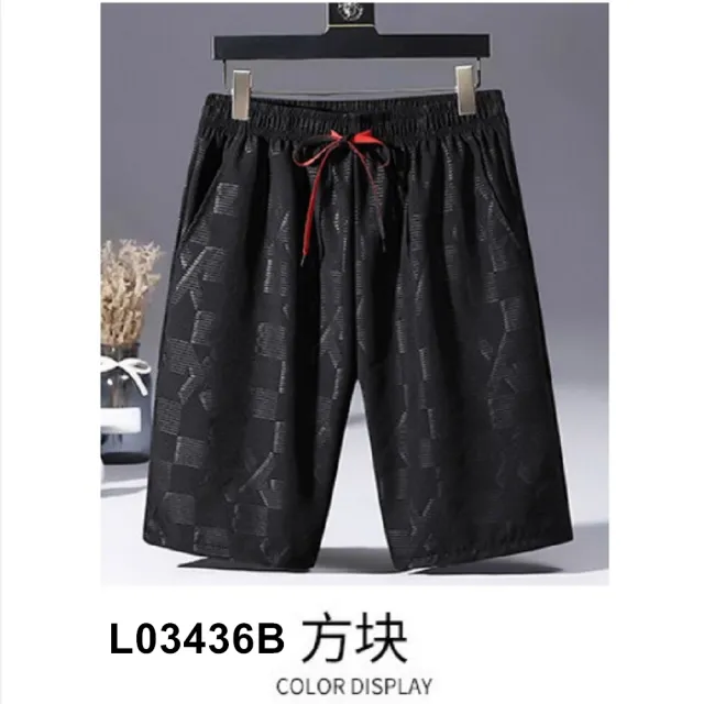 【NBL】L03436韓版休閒寬鬆5分短褲(鬆緊帶黑色印花5分短褲)