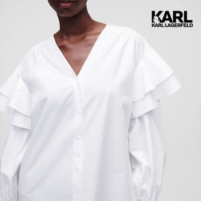 【KARL LAGERFELD 卡爾】多層次荷葉邊造型襯衫-白(優雅正式/荷葉邊/有機棉襯衫)