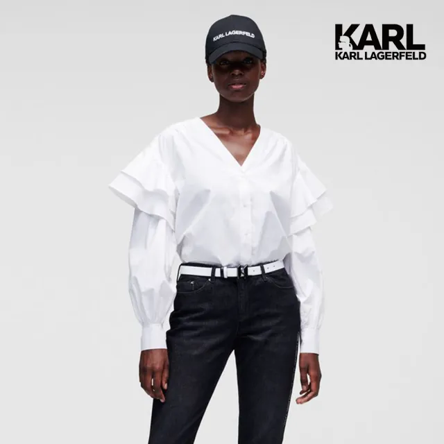 【KARL LAGERFELD 卡爾】多層次荷葉邊造型襯衫-白(優雅正式/荷葉邊/有機棉襯衫)