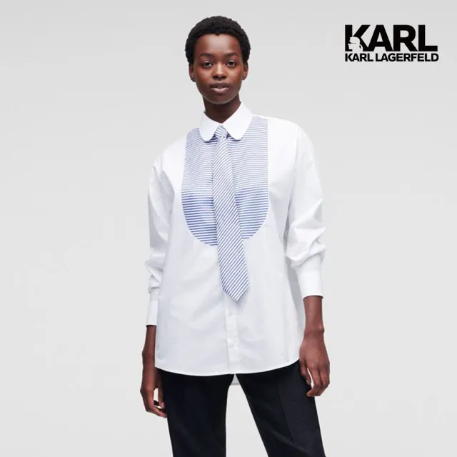 【KARL LAGERFELD 卡爾】條紋印花圍兜領襯衫-白(藍白條紋/兜領/有機棉襯衫)
