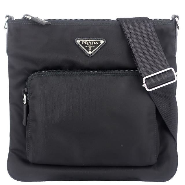【PRADA 普拉達】三角品牌尼龍皮飾邊方形斜肩包(黑色)