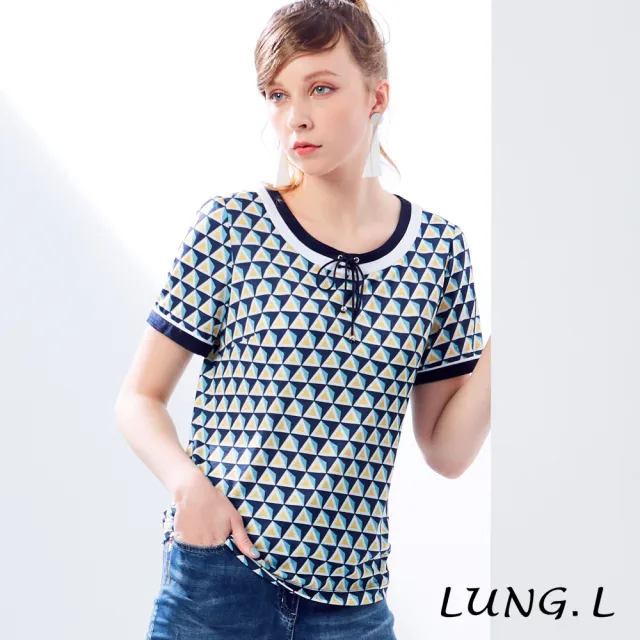 【LUNG.L 林佳樺】LK80A#藍色圓領綁結三角幾何印花短袖女裝上衣(女裝)