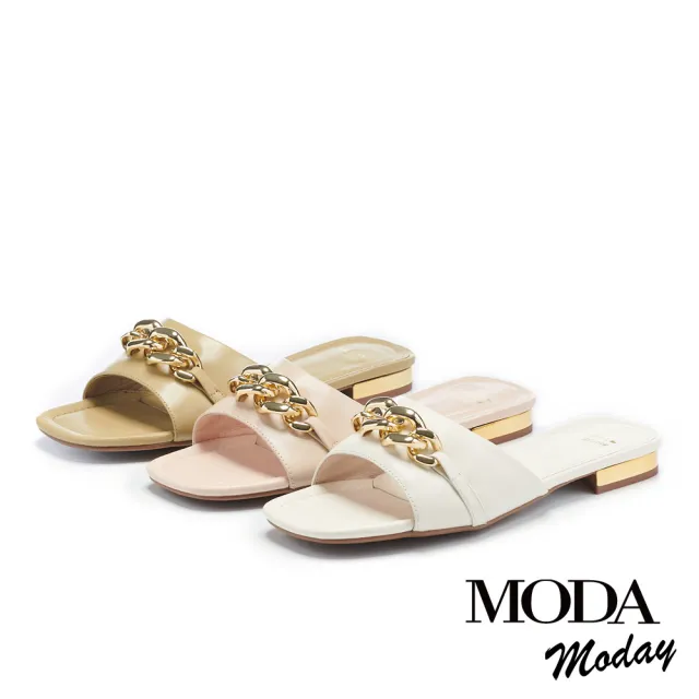 【MODA Moday】華麗質感鍊條牛皮方頭低跟拖鞋(綠)