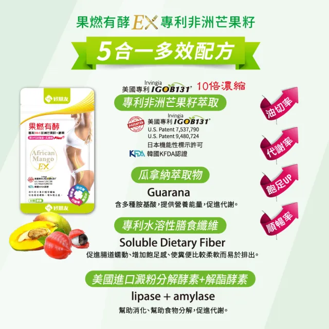 【好朋友】果燃有酵EX專利10:1非洲芒果籽+雙酵素30顆X4包入(10倍濃縮/第二代加強版+瓜拿納)