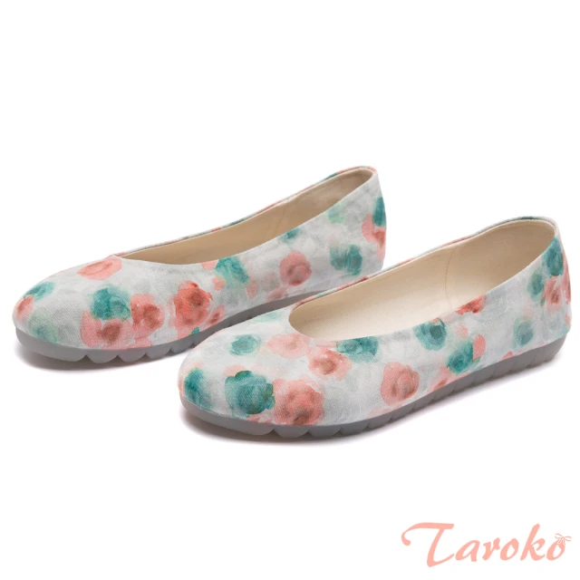 【Taroko】渲染花漾淺口亞麻布休閒娃娃鞋(2色可選)
