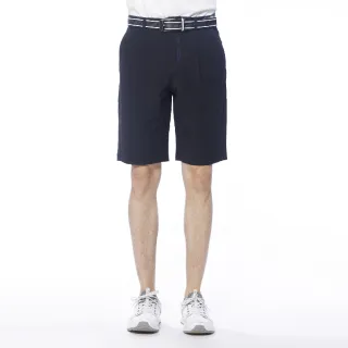 【Lynx Golf】男款彈性舒適基本款後袋蓋設計雙折休閒短褲(黑色)