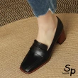 【Sp house】復古英式羊皮木紋粗中跟樂福鞋(2色可選)