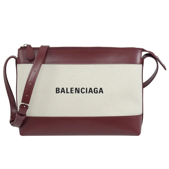 Balenciaga 巴黎世家 簡約經典英文LOGO牛皮帆布拼接方包斜背包(米/酒紅)