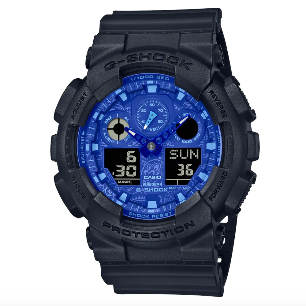 CASIO 卡西歐】G-SHOCK 粗獷外型藍色變形蟲雙顯錶-圓X藍黑(GA-100BP-1A