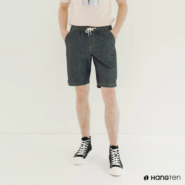 【Hang Ten】男裝-RELAXED FIT寬鬆抽繩丹寧短褲(深藍)
