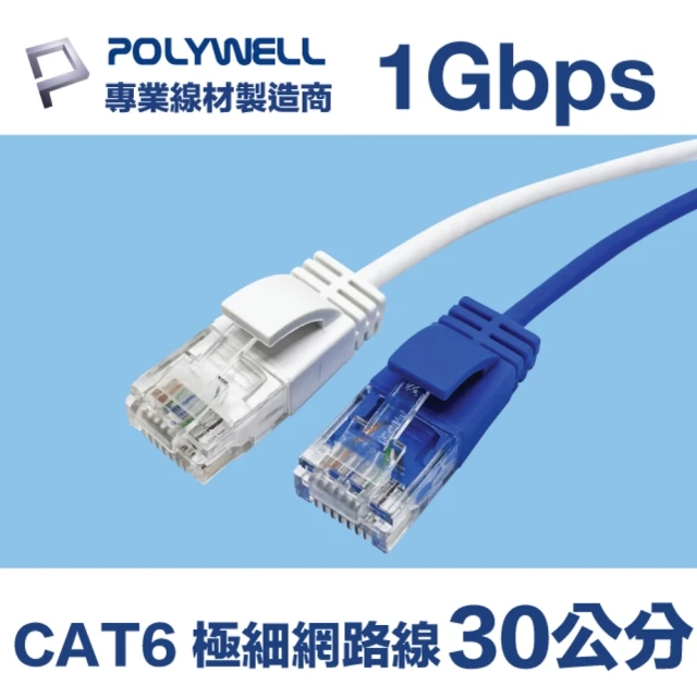 【POLYWELL】CAT6 極細高速網路線 1Gbps 30公分(適合ADSL/MOD/Giga網路交換器/無線路由器)