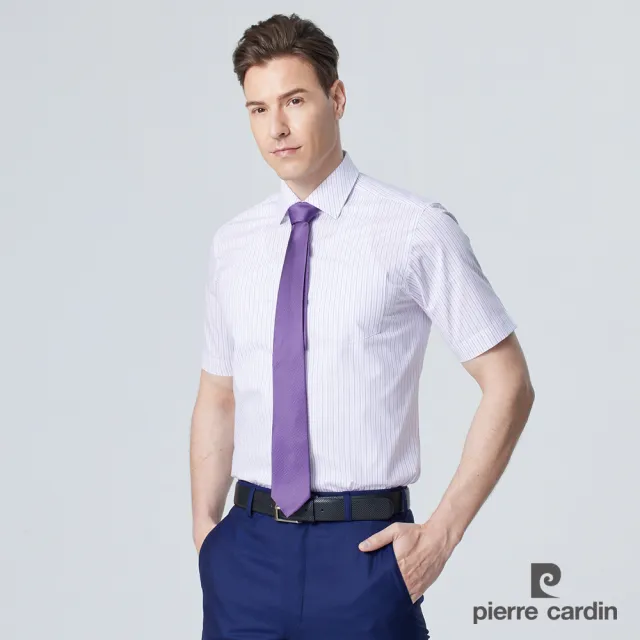 【pierre cardin 皮爾卡登】男襯衫 棉混紡抗皺合身版減齡輕熟條紋短袖襯衫_白底粉紫條(92251-21)