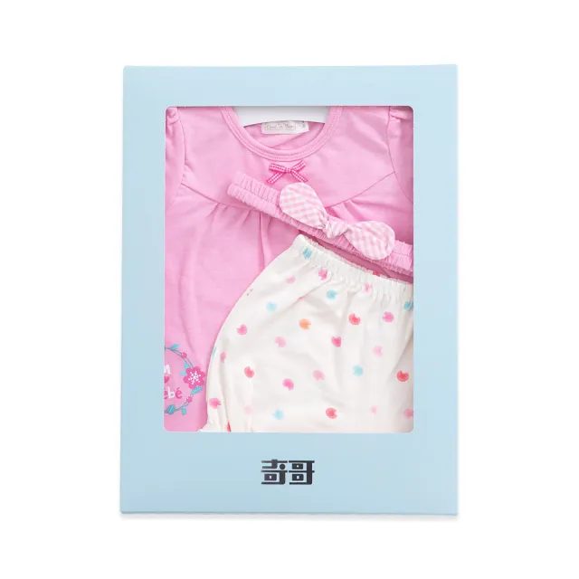 【奇哥】Chic a Bon 夏日印花套裝3件組禮盒/新生兒禮盒/嬰兒禮盒/滿月禮/彌月禮 6-12個月(上衣+褲子+髮帶)