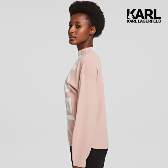 【KARL LAGERFELD 卡爾】澎袖KARL毛衣-粉(簡約品牌Logo/輕質針織/經典雙色設計)