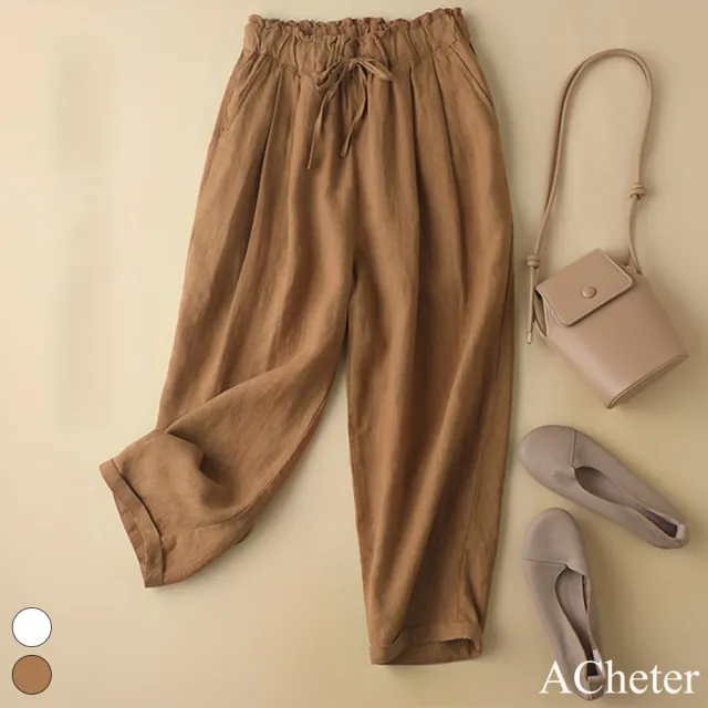 【ACheter】垂感休閒寬鬆簡約鬆緊腰棉麻九分褲#112583現貨+預購(2色)
