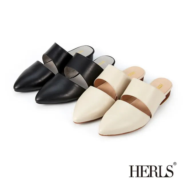 【HERLS】穆勒鞋-全真皮橫帶鏤空尖頭穆勒鞋拖鞋(黑色)