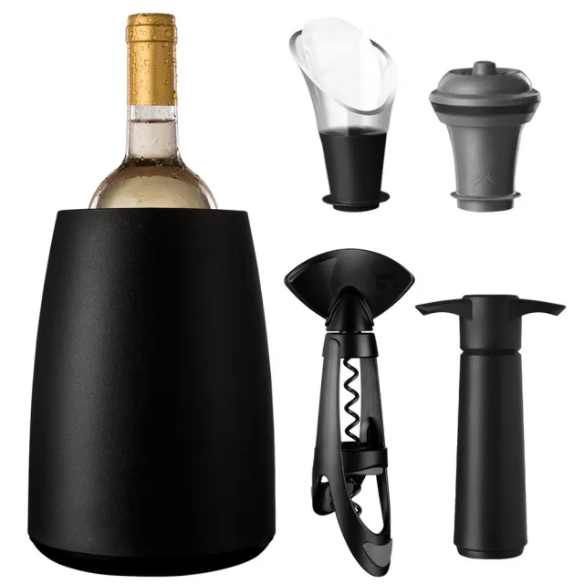 【VACU VIN】荷蘭 保冷冰桶+開酒注酒抽真空組 黑 / 開酒器 酒塞 保鮮瓶塞 鋁箔刀 冰酒桶