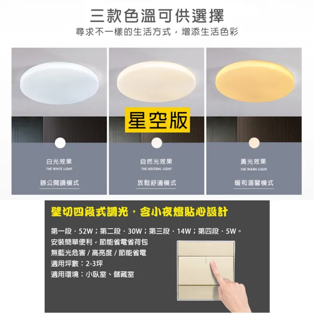 【Honey Comb】北歐星空LED52W四段調光臥室吸頂燈(V2898F52W．V2898F52Y．V2898F52N)