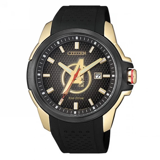 【CITIZEN 星辰】Citizen Eco-Drive 復仇者聯盟聯名款時尚流行橡膠腕錶-黑金-AW1155-03W
