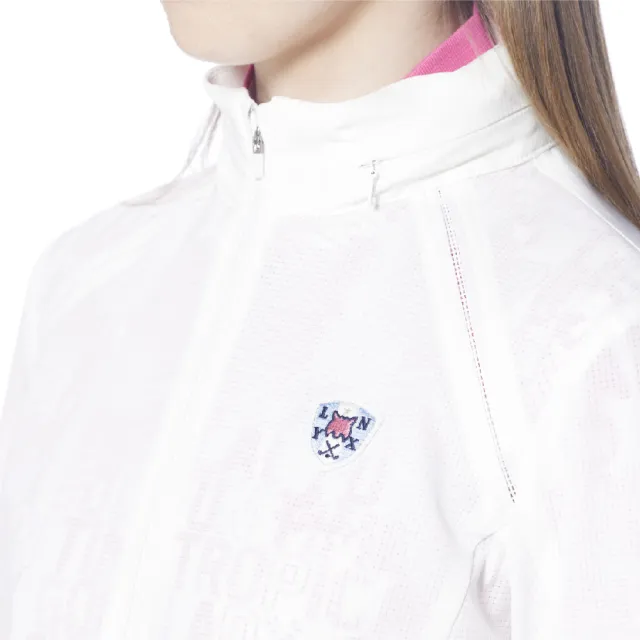 【Lynx Golf】女款吸濕快乾透氣易溶紗拉鍊口袋Lynx繡標可收式連帽長袖外套(白色)