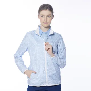 【Lynx Golf】女款滿版高爾夫球LYNX字樣印花隱形拉鍊口袋長袖外套(淺藍色)