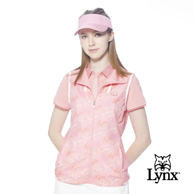 【Lynx Golf】女款滿版LYNX英文草寫字樣印花剪裁配布設計無袖背心(粉橘色)