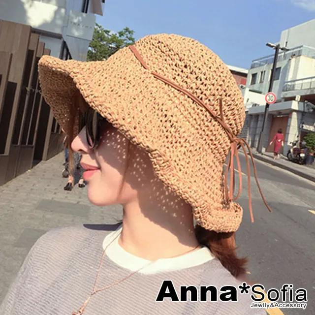 【AnnaSofia】遮陽帽防曬帽淑女帽網美渡假草帽海灘帽漁夫帽-捲邊雙麂繩綁結 現貨(駝系)