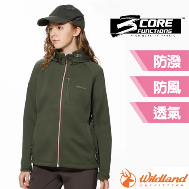 Wildland 荒野 女 防風防潑保暖軟殼連帽外套.夾克.風衣/帽子可拆(0A92921-48 深墨綠)