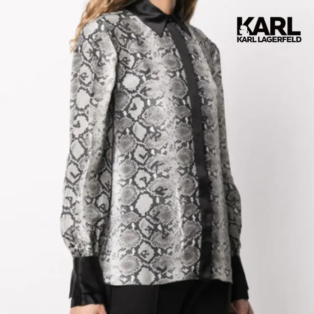 【KARL LAGERFELD 卡爾】刺繡蛇紋絲質襯衫(黑白絲綢/刺繡蛇紋風/系扣領/絲質襯衫)