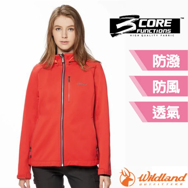 Wildland 荒野 女 防風防潑保暖軟殼連帽外套.夾克.風衣/帽子可拆(0A92921-139 海棠紅)