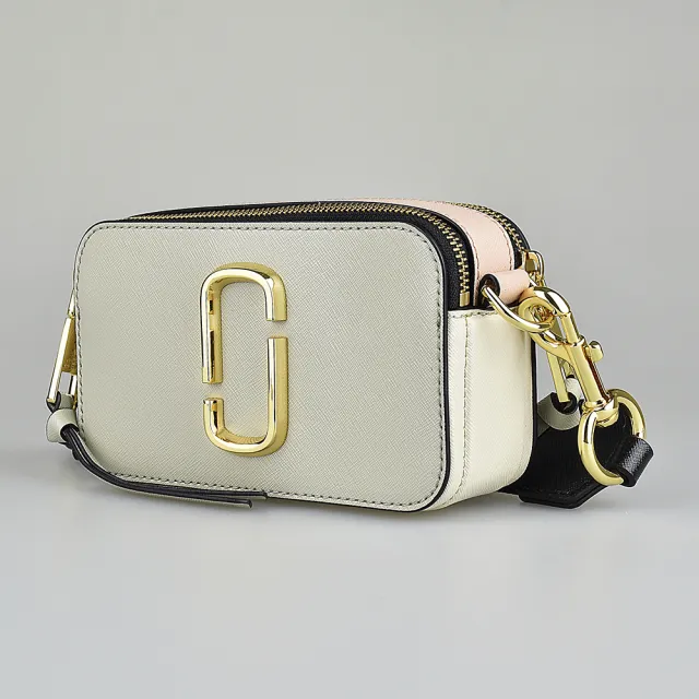 【MARC JACOBS】MARC JACOBS  Snapshot金字LOGO防刮牛皮拼色雙層拉鍊斜背相機包(塵灰x米x粉色)