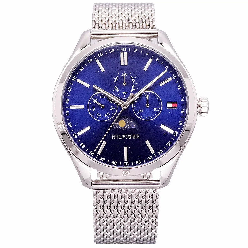 【Tommy Hilfiger】Tommy 美國時尚流行日月星辰米蘭風格腕錶-銀+藍-1791302