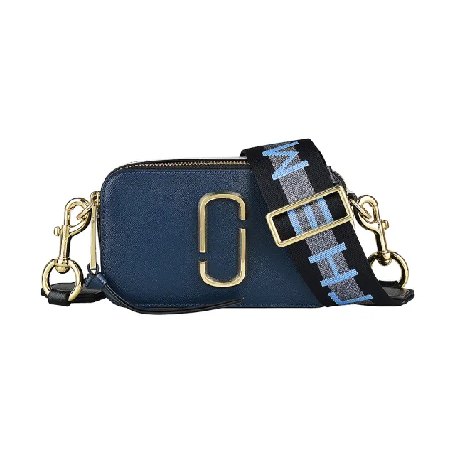 【MARC JACOBS】MARC JACOBS Snapshot金字LOGO防刮牛皮拼色雙層拉鍊斜背相機包(新海藍x黑x灰)