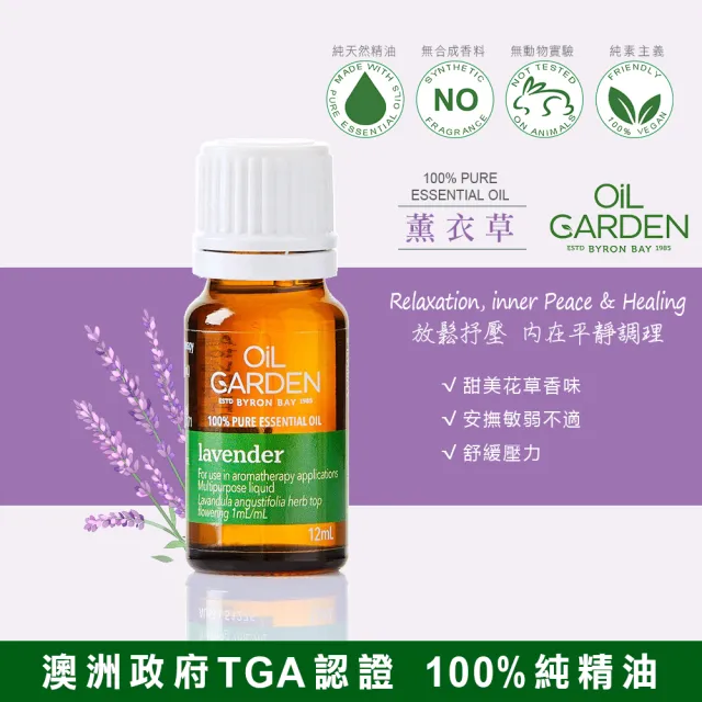 即期品【OiL GARDEN】TGA認證100%純精油12ml(綠薄荷/葡萄柚/薰衣草/苦橙葉/天竺葵效期2024/11後)