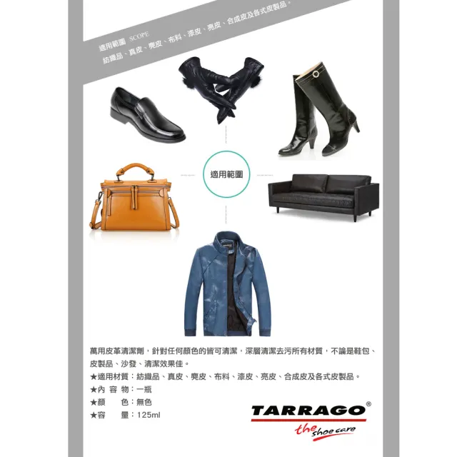 【鞋博士嚴選鞋材】tarrago皮革萬用清潔劑(塔洛革溫和不傷皮革 適用紡織品真皮麂皮布料漆皮亮皮合成皮)