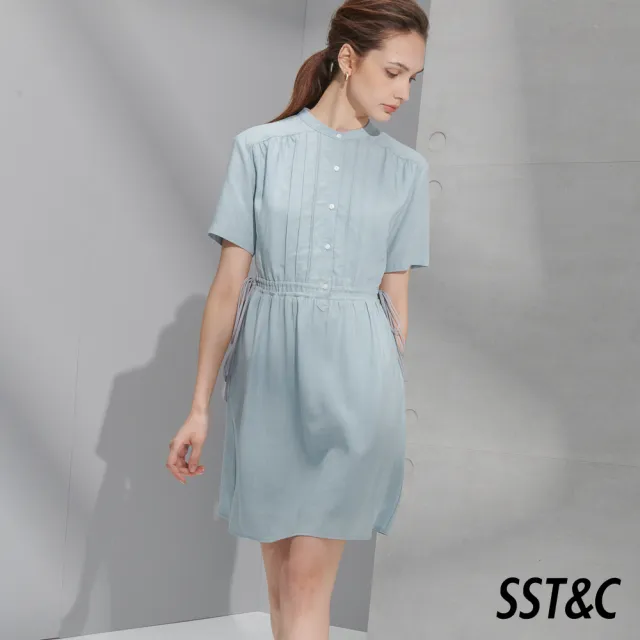 【SST&C】女裝 粉彩藍抽繩仿麻感短袖休閒洋裝8562205004(雙11精選)