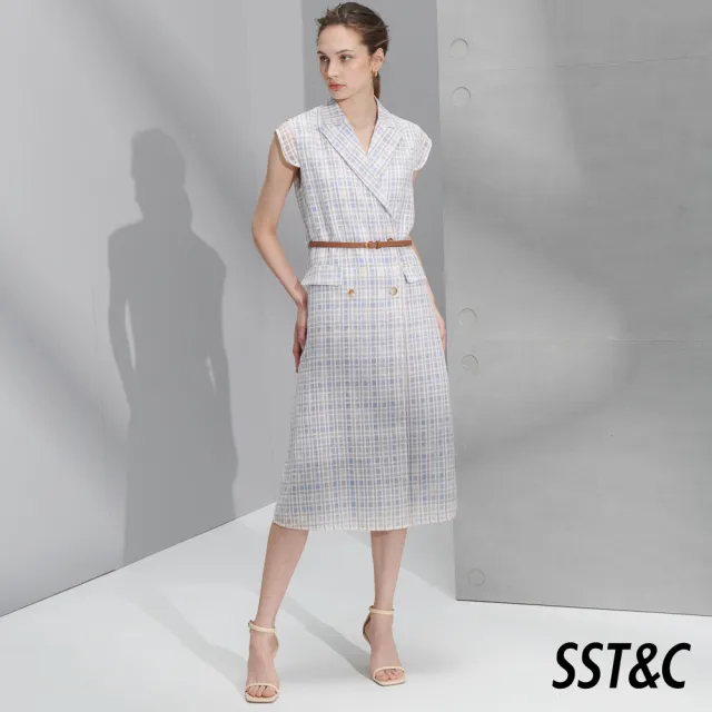 【SST&C】女裝 淺卡其格紋西裝領開襟長洋裝8562205001(雙11精選)