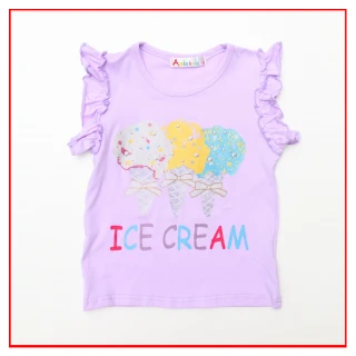 【Azio Kids 美國派】女童  上衣 冰淇淋字母印花荷葉邊無袖上衣T恤(紫)