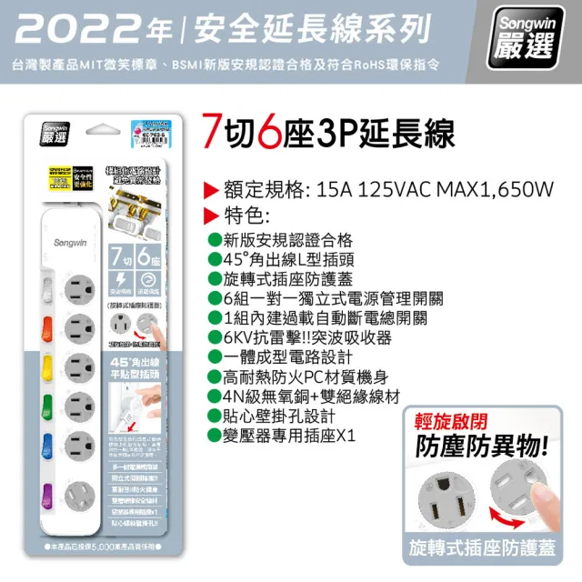 【台灣製造 新版安規】7切6座延長線/旋轉式插座防塵保護蓋/15A 1650W(6尺/180CM)