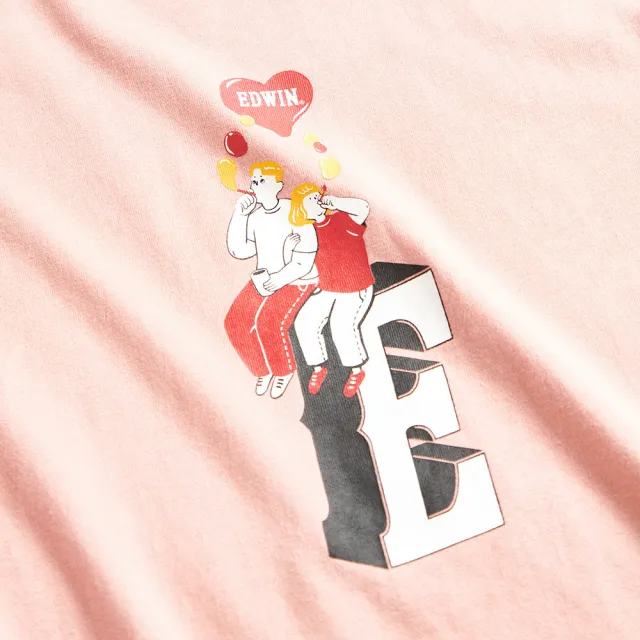 【EDWIN】男女裝 網路獨家↘情侶插畫LOGO短袖T恤(淡桔色)