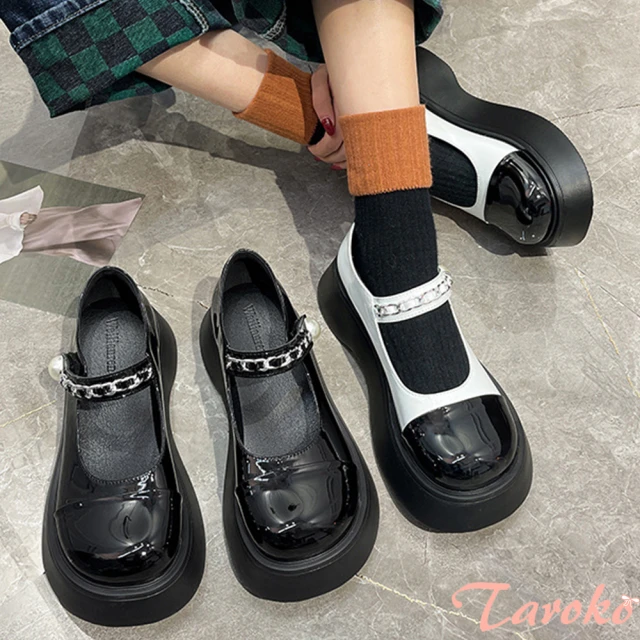 【Taroko】復古漆皮珍珠扣拼色圓頭鞋(2色可選)
