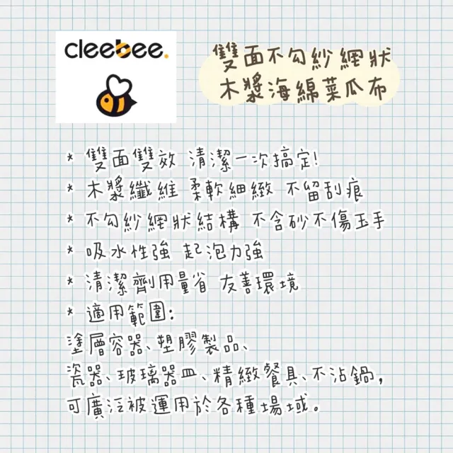 【韓國cleebee】雙面不勾紗網狀木漿海綿菜瓜布(兩包2入)