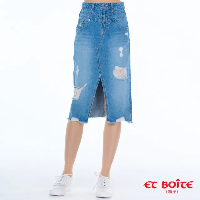 【BLUE WAY】女款 雲朵丹寧 高腰 雙V 及膝窄裙 牛仔裙-ETBOITE箱子
