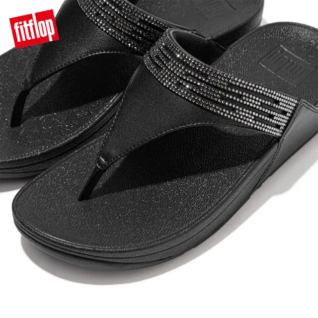 【FitFlop】LULU LASERCRYSTAL LEATHER TOE-POST SANDALS 雷射雕刻及水鑽造型夾腳涼鞋-女(靓黑色)