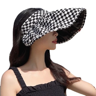 【兩用式】黑白格紋防曬遮陽帽(UPF50+抗UV防曬帽 外出遮陽帽 防曬遮陽帽 戶外 帽子)